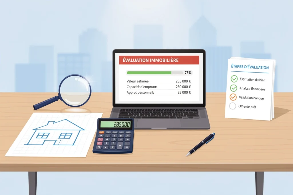 Ordinateur avec une simulationd de pret immobilier sur un bureau avec une calculette Ordinateur avec une simulationd de pret immobilier sur un bureau avec une calculette