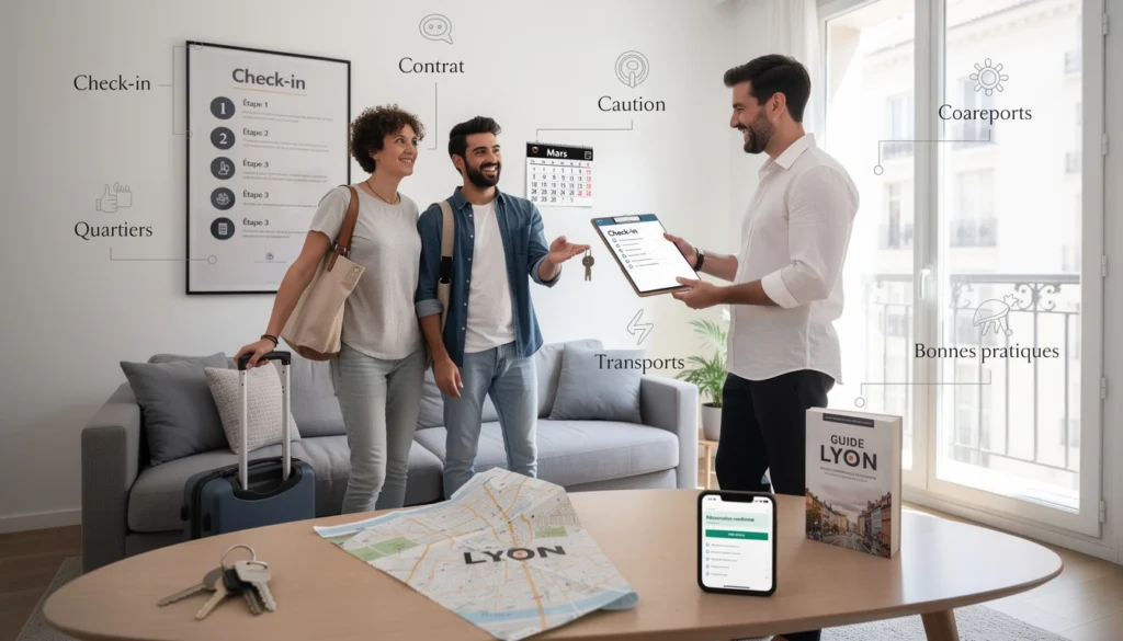 Un couple de voyageurs discutent de location de logement pour un séjour avec un monsieur