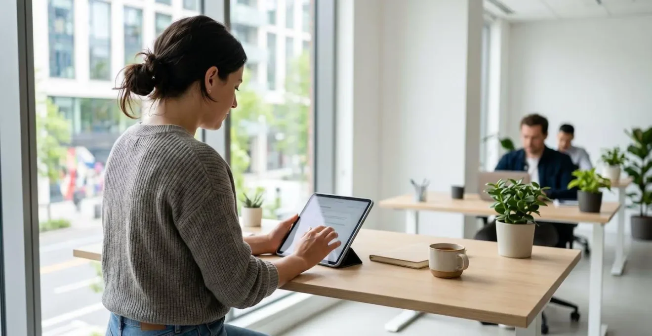Personne vue de dos ou de profil trois-quarts consultant une tablette posée sur un bureau moderne épuré dans un environnement lumineux