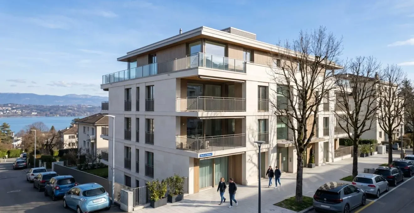 Immeuble résidentiel haussmannien genevois sous un ciel dégagé avec le lac Léman en arrière-plan flouté