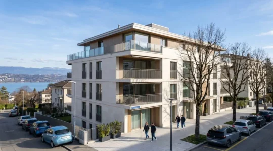 Immeuble résidentiel haussmannien genevois sous un ciel dégagé avec le lac Léman en arrière-plan flouté