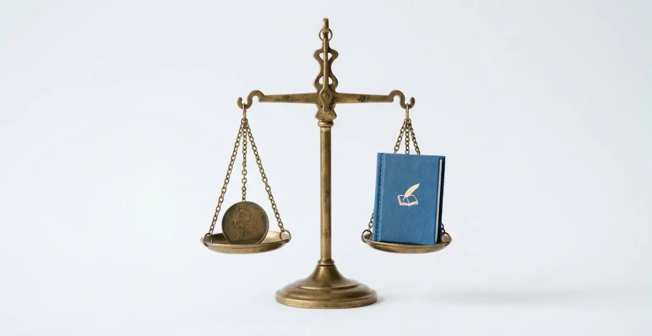 Balance de justice avec une pièce de monnaie et un livret, symbolisant la comparaison entre PEL et assurance vie.