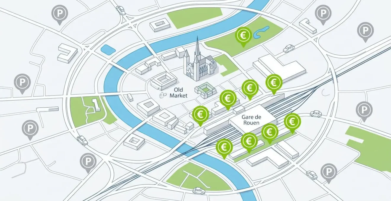 Carte de Rouen en design plat, places de parking vertes au centre, grises en périphérie.