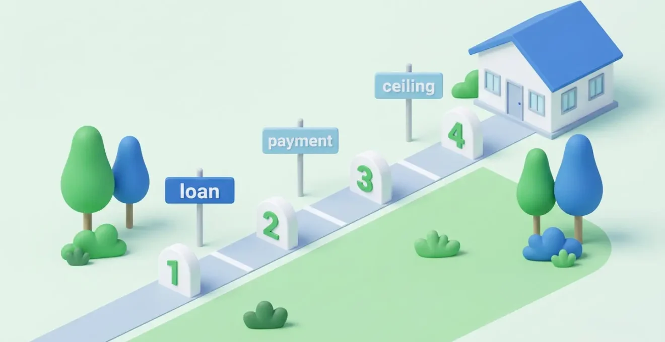 Chemin isométrique avec jalons numérotés menant à une maison, illustrant les étapes et conditions du PEL.