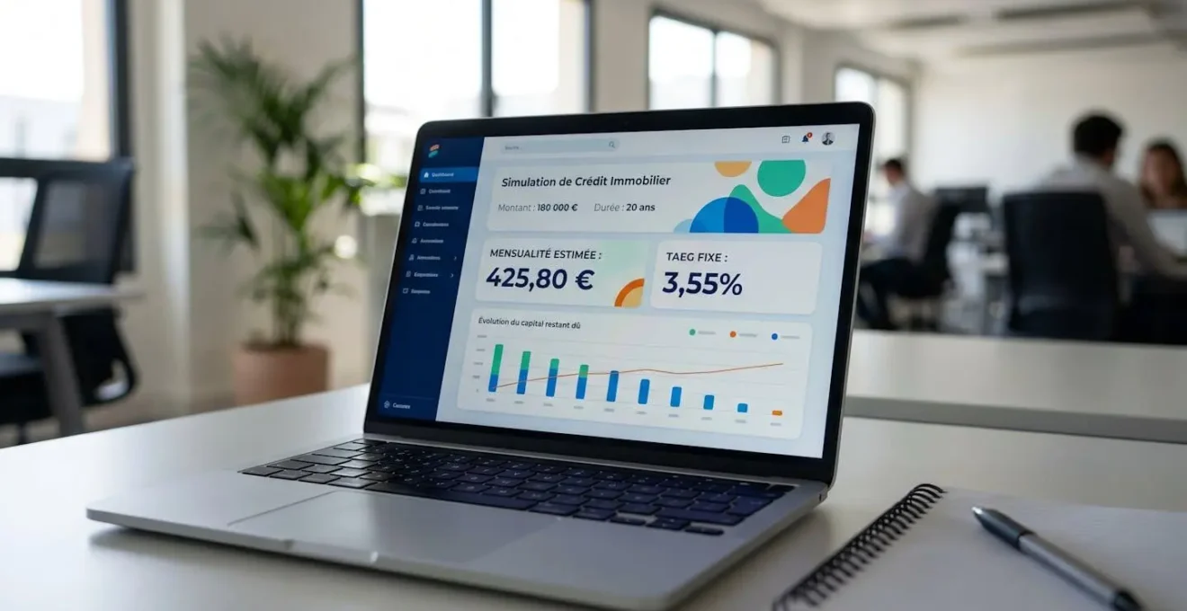Gros plan sur un écran d'ordinateur portable affichant un tableau de simulation de crédit avec le TAEG, les mensualités et un graphique d'amortissement