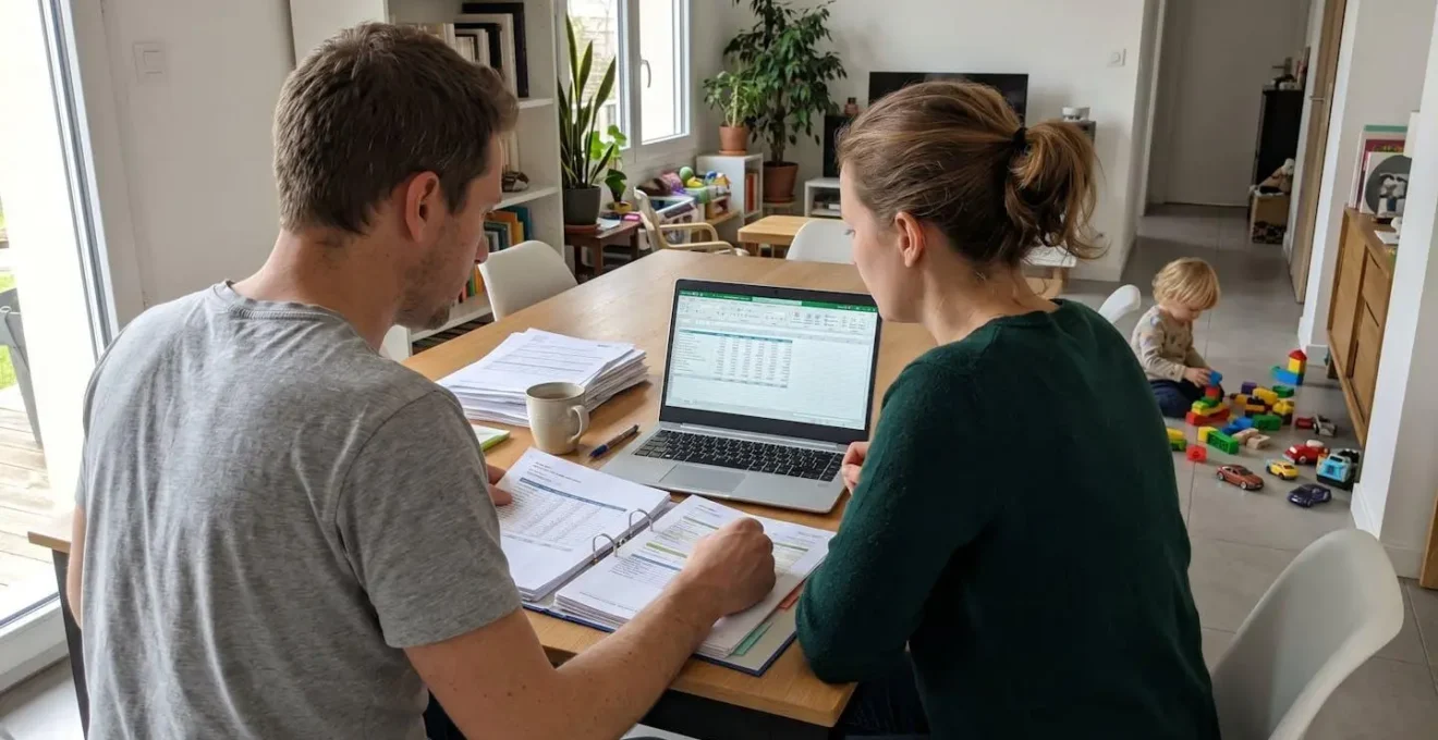 Un couple dans la trentaine consulte ensemble des documents financiers et un ordinateur portable sur une table de salon, avec un enfant en arrière-plan jouant discrètement