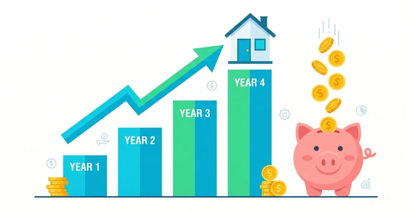 Graphique montrant la croissance de l'épargne sur 4 ans, avec une flèche et une icône de maison.