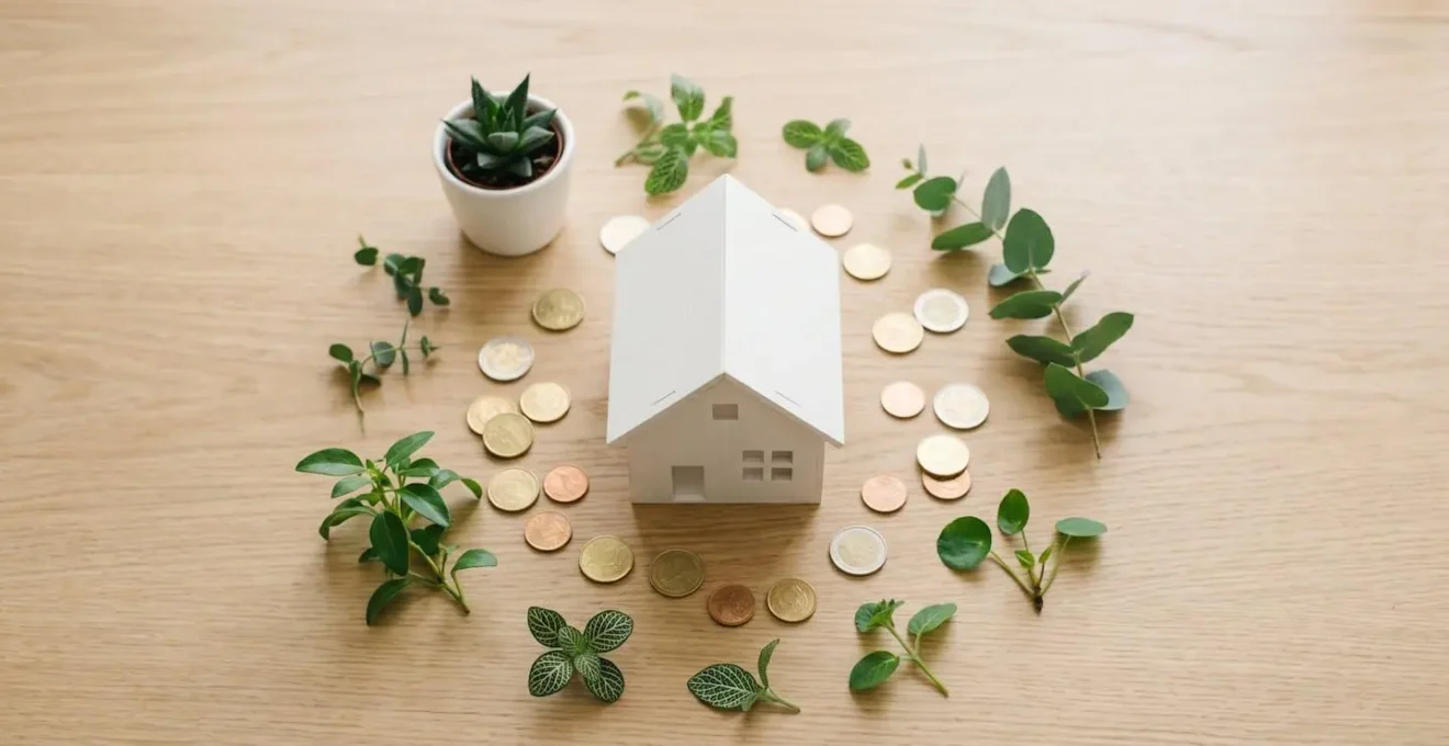 Maquette de maison blanche entourée de pièces de monnaie et de plantes, symbolisant un projet immobilier financé par l'épargne.