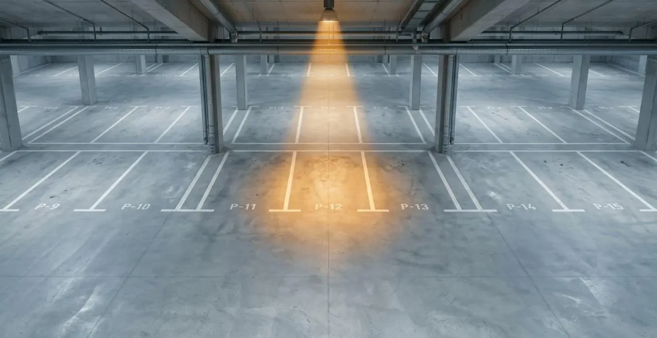 Parking souterrain vide, un emplacement éclairé par un rai de lumière, concept d'investissement stable.