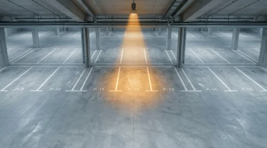 Parking souterrain vide, un emplacement éclairé par un rai de lumière, concept d'investissement stable.
