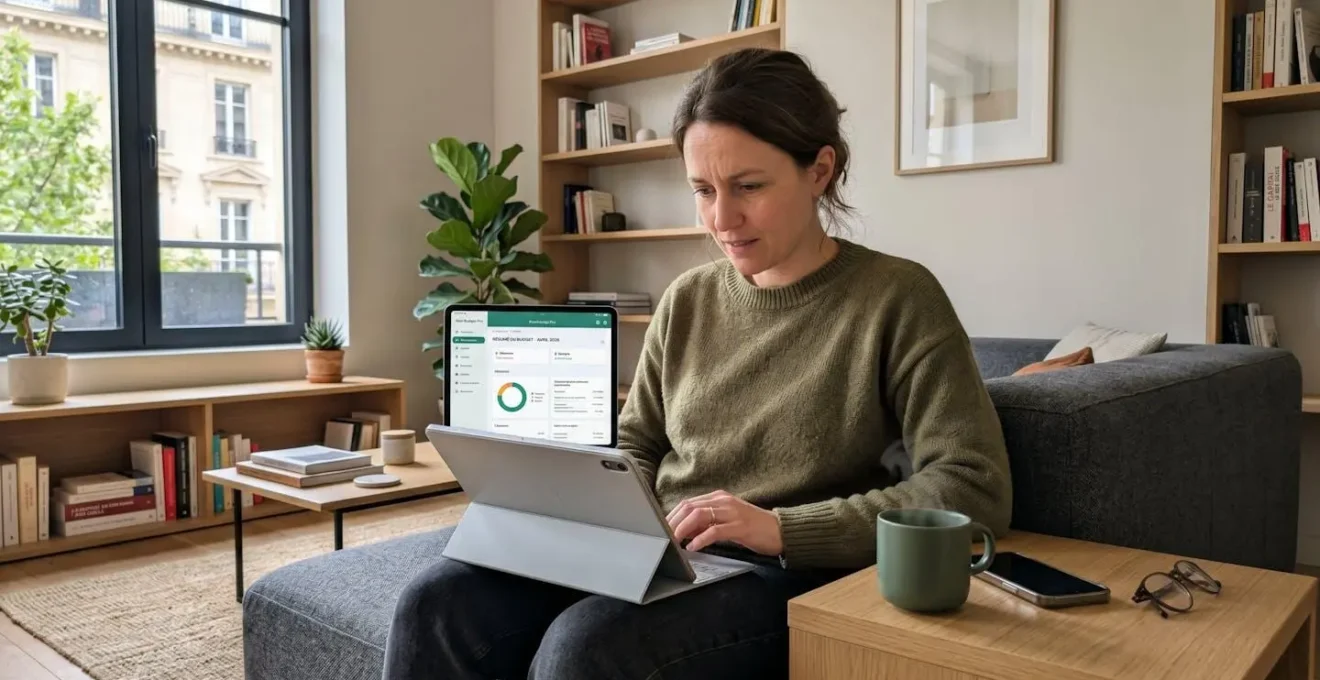 Une femme de 35 ans concentrée consulte un simulateur de crédit sur sa tablette, assise dans un salon lumineux avec une tasse de café