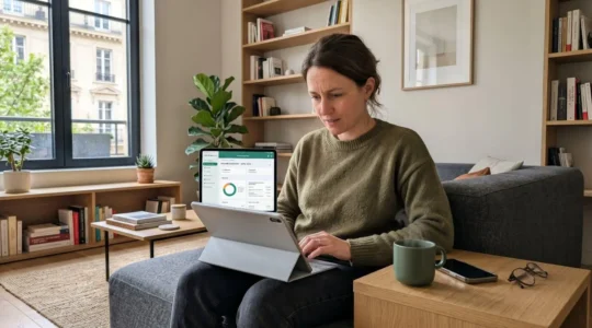 Une femme de 35 ans concentrée consulte un simulateur de crédit sur sa tablette, assise dans un salon lumineux avec une tasse de café
