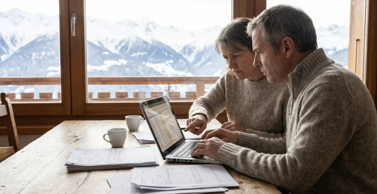 Couple d'adultes consultant des documents financiers relatifs à un achat immobilier en montagne, table avec papiers et ordinateur portable