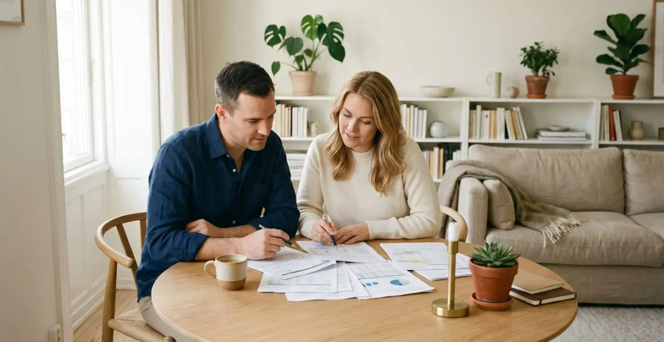 Couple étudiant des documents financiers pour un projet immobilier dans un salon lumineux