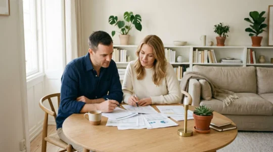 Couple étudiant des documents financiers pour un projet immobilier dans un salon lumineux
