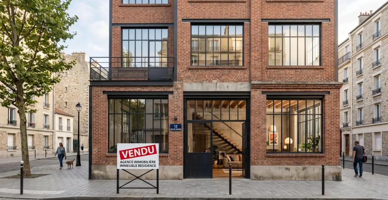 Façade en brique d'un ancien atelier industriel réhabilité en loft avec grandes baies vitrées métalliques, panneau Vendu au premier plan, zone urbaine française