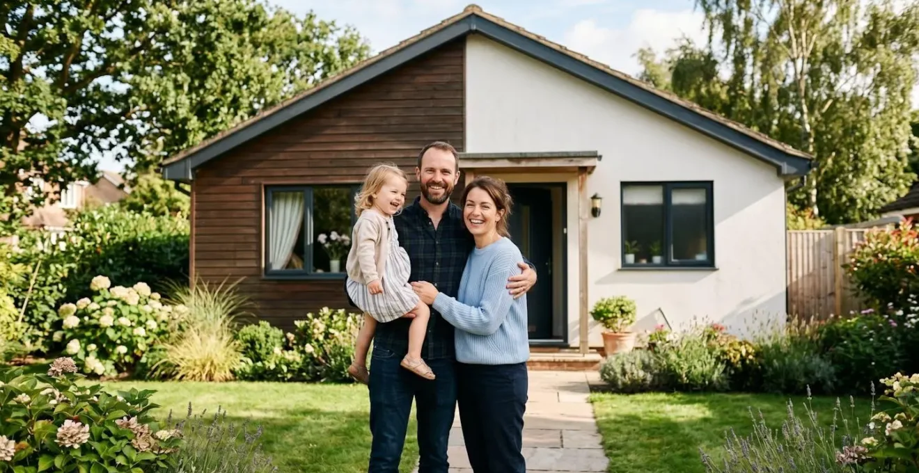 Famille devant une maison en souriant, symbolisant l'aboutissement d'un projet immobilier financé