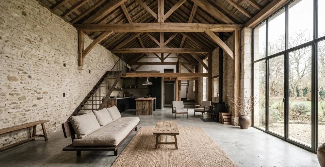 Intérieur spacieux d'une grange réhabilitée avec charpente en bois massif apparente, murs en pierre claire et grande baie vitrée contemporaine
