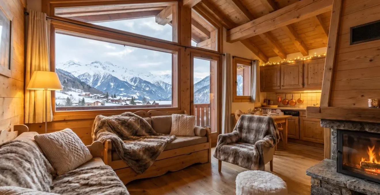Intérieur chaleureux d'un studio de ski dans les Alpes françaises avec vue sur les pistes enneigées depuis la fenêtre