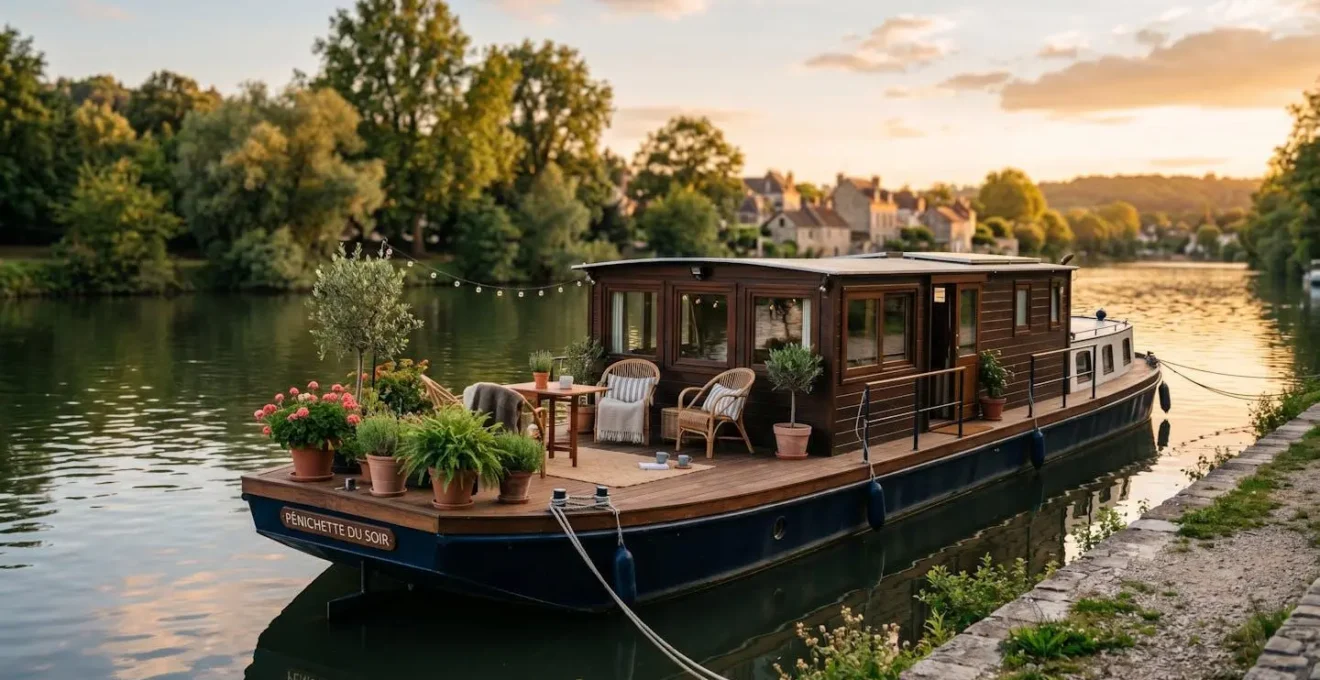 Péniche habitation amarrée sur la Seine avec terrasse en bois aménagée et végétation, reflets dorés sur l'eau calme en fin d'après-midi