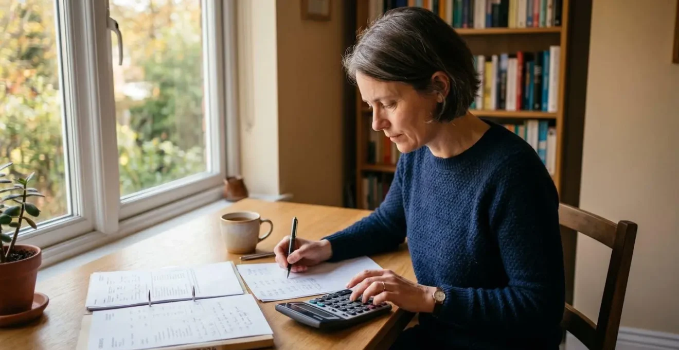 Personne calculant ses mensualités de prêt immobilier à un bureau clair avec une calculatrice et des documents