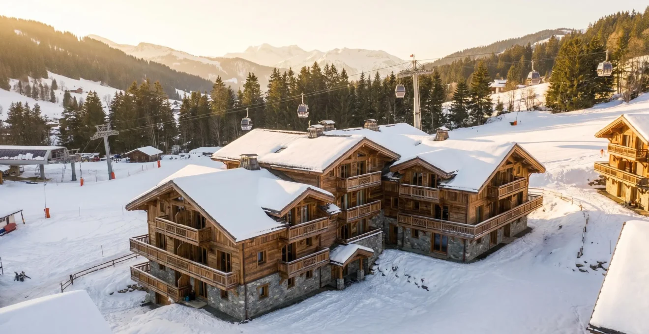 Vue extérieure d'un immeuble de studios aux Gets avec les remontées mécaniques visibles en arrière-plan, enneigé en hiver