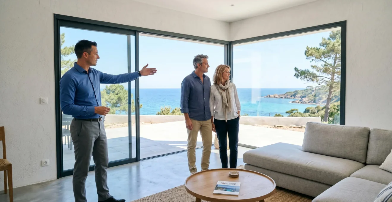 Agent immobilier guidant la visite d'une villa contemporaine corse pour un couple d'acheteurs dans séjour lumineux avec vue mer