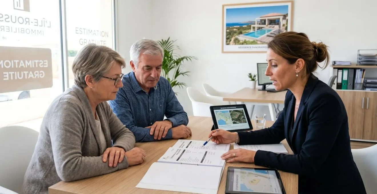 Agent immobilier professionnel consultant des propriétaires autour d'une estimation de bien dans bureau agence contemporaine à L'Île-Rousse