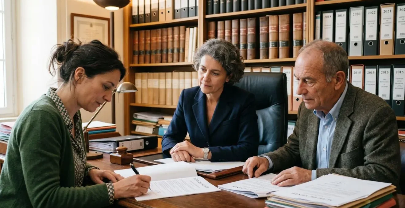 Notaire supervisant la signature de l'acte de vente immobilière entre vendeur et acheteur dans étude notariale en Corse