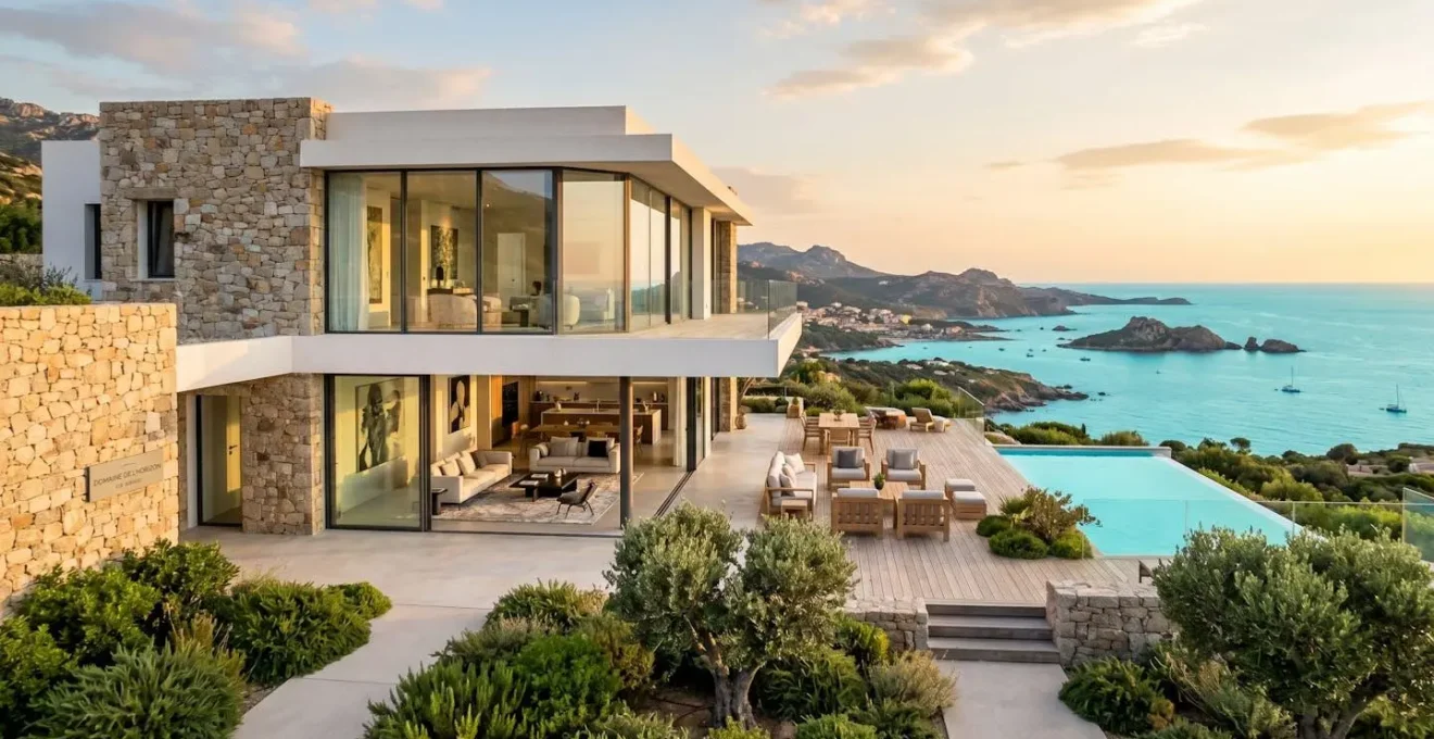 Villa contemporaine de prestige avec terrasse et vue mer panoramique en Balagne, Corse, architecture méditerranéenne haut de gamme avec pierre naturelle et végétation typique