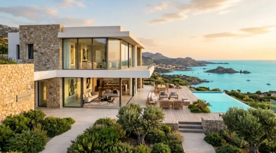 Villa contemporaine de prestige avec terrasse et vue mer panoramique en Balagne, Corse, architecture méditerranéenne haut de gamme avec pierre naturelle et végétation typique