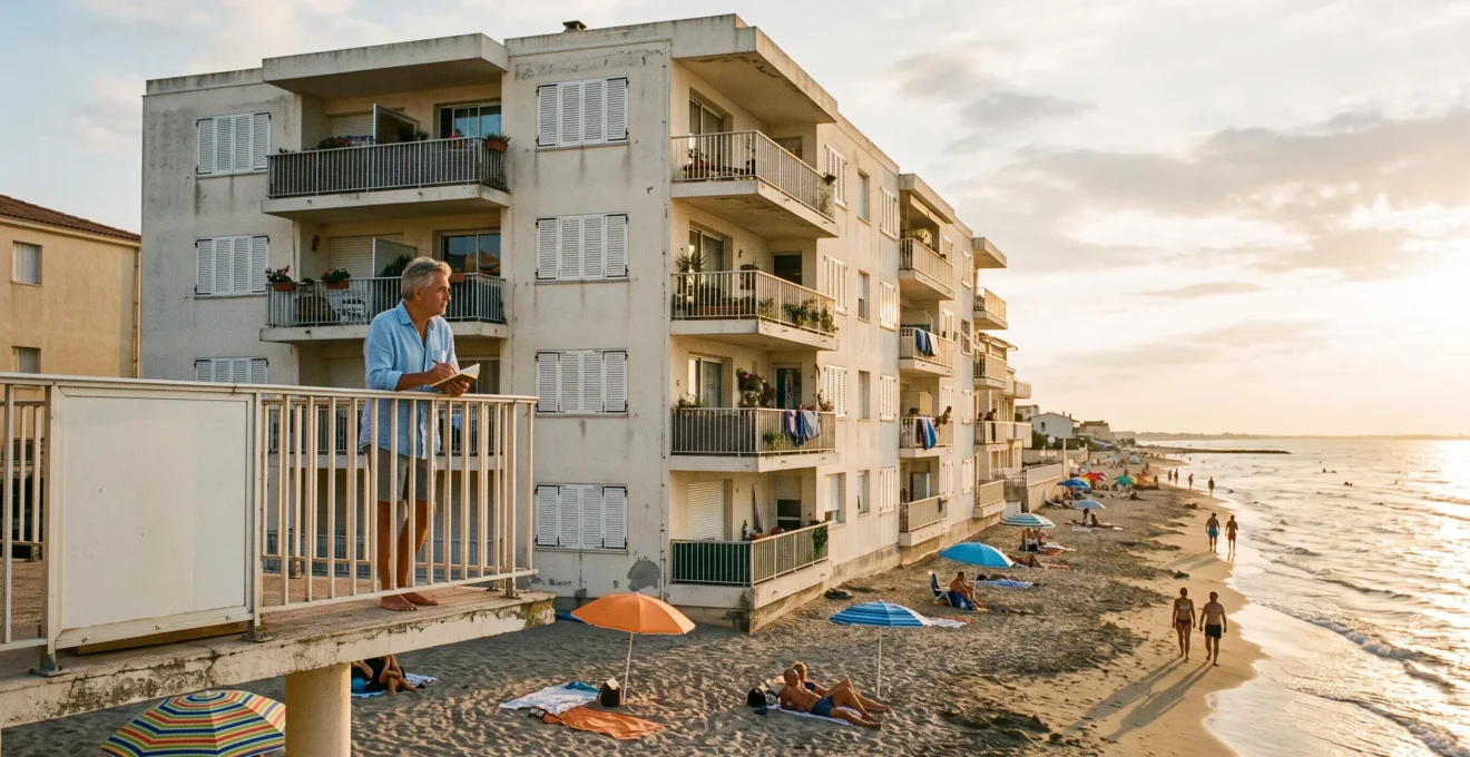 Immeuble de locations saisonnières en front de mer dans une station balnéaire française, un homme sur un balcon au coucher du soleil d'été