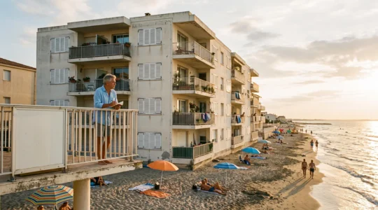 Immeuble de locations saisonnières en front de mer dans une station balnéaire française, un homme sur un balcon au coucher du soleil d'été