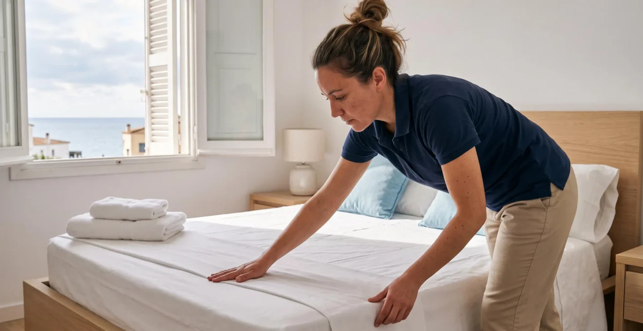 Femme de ménage préparant une chambre dans un appartement de vacances en bord de mer entre deux locations