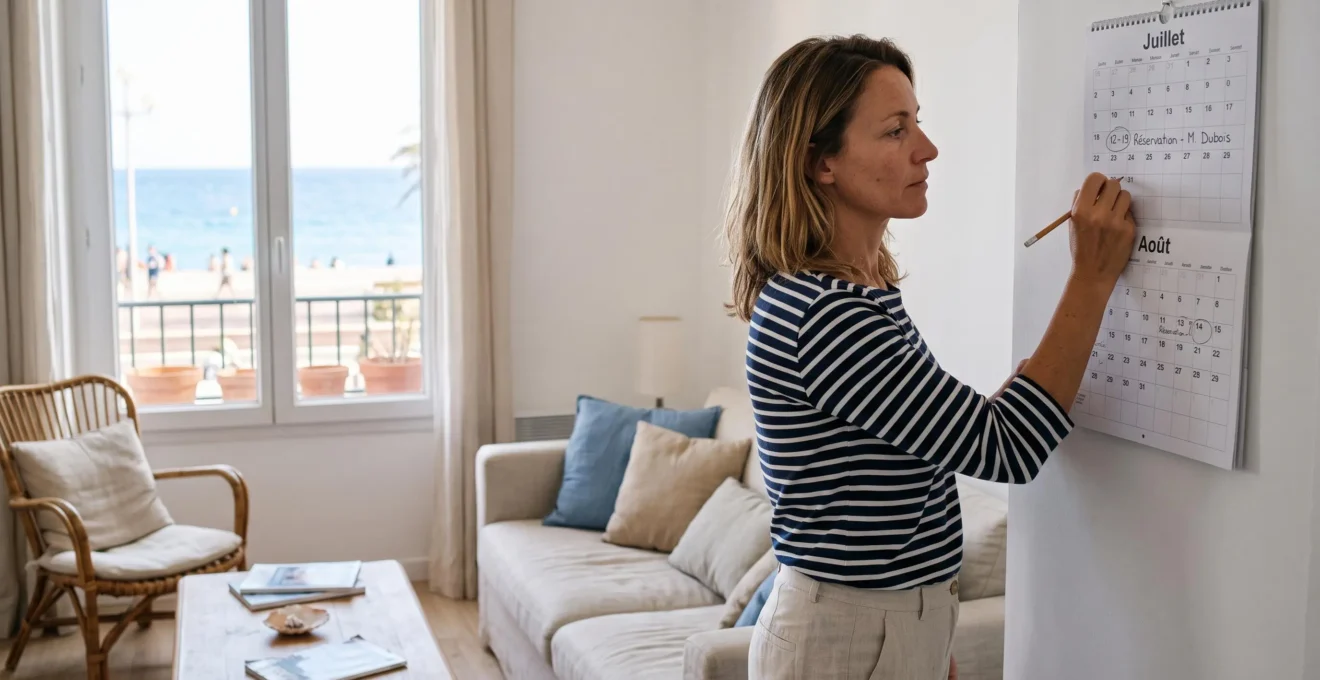 Propriétaire notant les réservations sur un calendrier mural dans un appartement en bord de mer