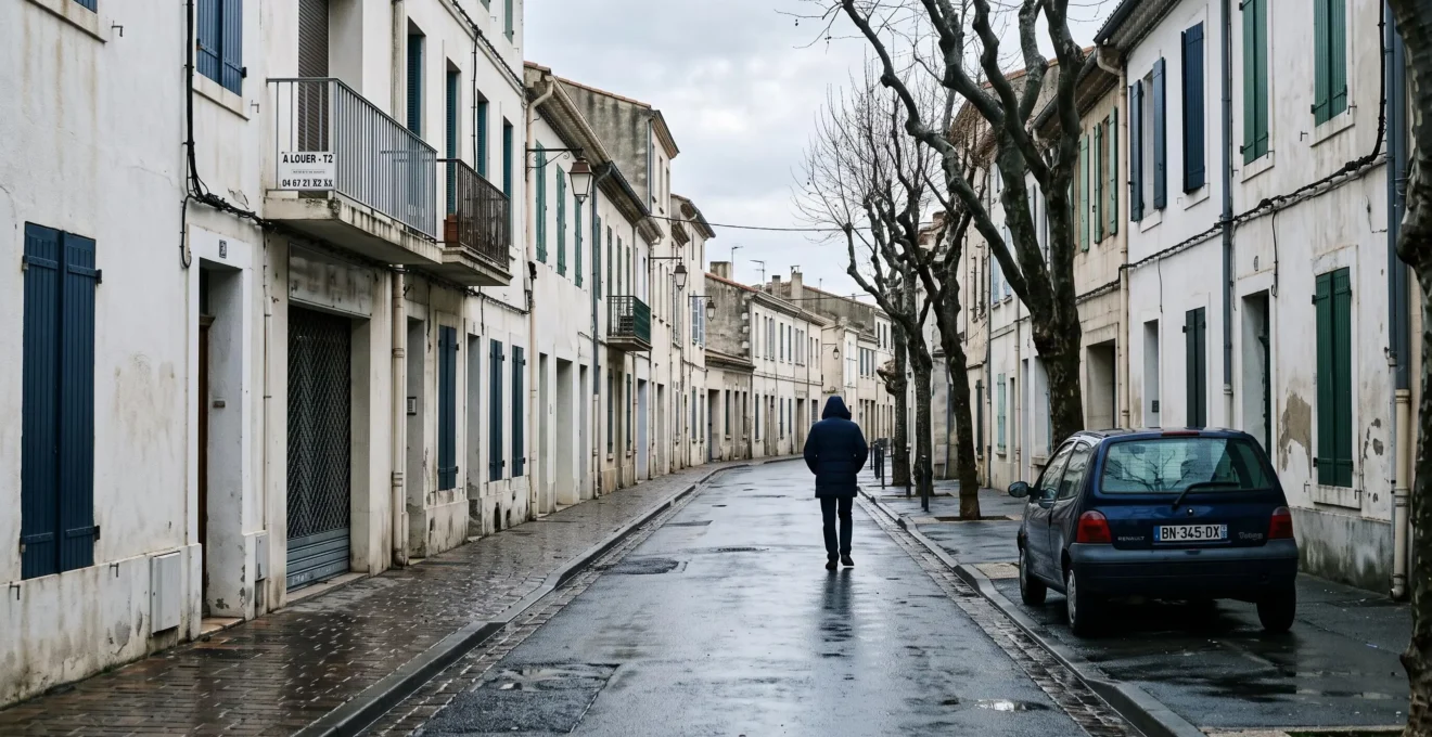 Rue déserte d'une station balnéaire française en hiver, volets fermés et panneau de location sur un balcon