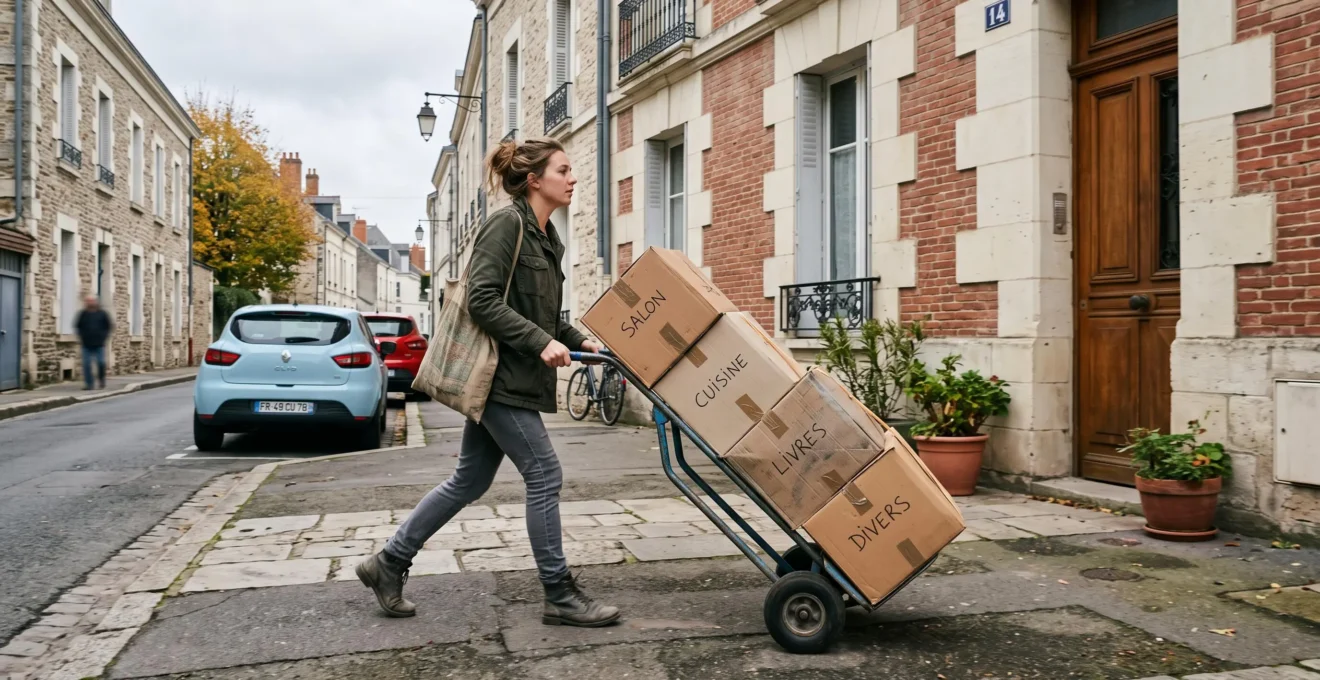 Une jeune femme transporte des cartons le long d'un trottoir résidentiel.