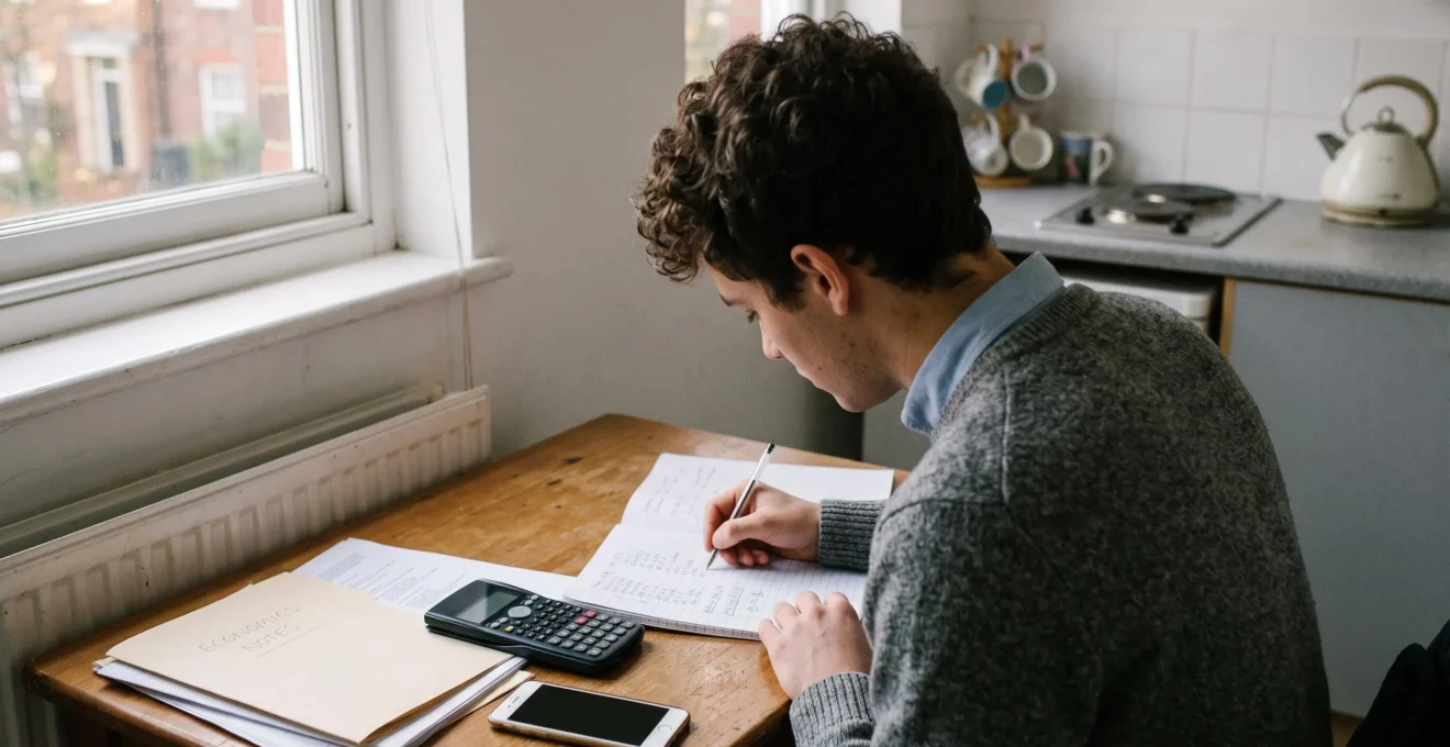 Un étudiant calcule son budget logement dans son studio, carnet et calculatrice à la main.