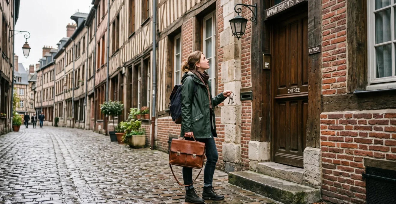 Une étudiante devant l'entrée d'un immeuble rouennais, clés et dossier en main.
