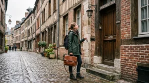 Une étudiante devant l'entrée d'un immeuble rouennais, clés et dossier en main.